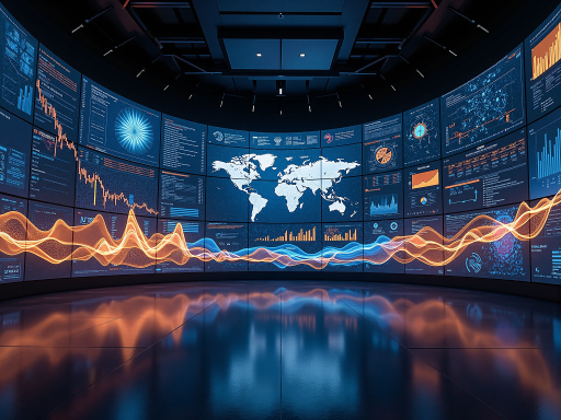 未来科技概念场景，数据流在三维空间中流动，多个屏幕显示数据分析图表，抽象的数字世界视觉效果，科技感强烈