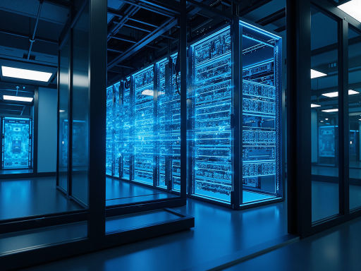 现代化数据中心内部场景，多台服务器机柜整齐排列，LED指示灯闪烁，技术人员正在监控数据处理流程，蓝色灯光效果